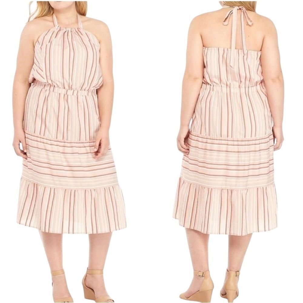 ‎NWT Kaari Blue coral/tan multi-tier ruffle halter dress